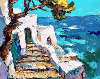 May include: An oil painting featuring a textured stone staircase leading toward a white building with a green door. A large tree with dark brown branches and green foliage hangs overhead, overlooking a vibrant blue sea under a bright sky.