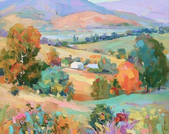 English Countryside Painting Autumn Hills Original Art Rural England Landscape Impasto Oil Painting