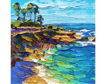 May include: A painting of a seascape with a rocky cliff and a blue ocean. The sky is a light blue with white clouds. The water is a turquoise blue with white waves. There are trees on the cliff and people on the beach.