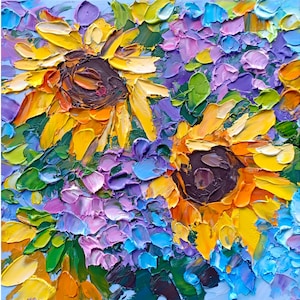 Hydrangea Painting Sunflower Small Original Art Oil Painting Impasto Abstract Floral Wall Art 6x6 Impressionist Artwork Purple Orange