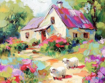 English Cottage Oil Painting Sheep Garden Landscape Palette Knife Impasto Art