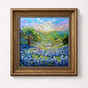 Bluebonnets Painting Texas Original Art Impasto Oil Artwork Oak Tree Landscape