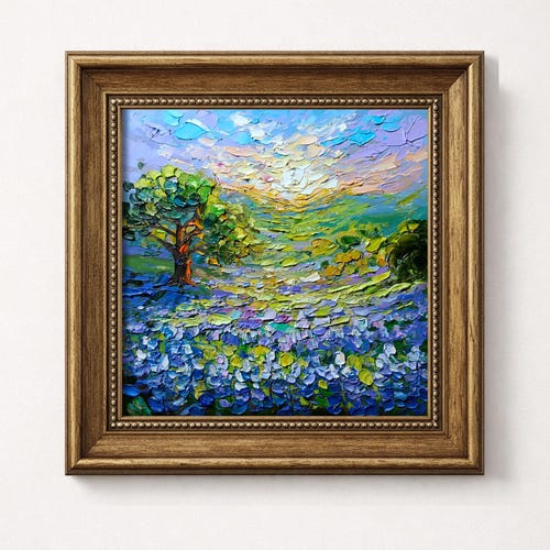 Bluebonnets Painting Texas Original Art Impasto Oil Artwork Oak Tree Landscape