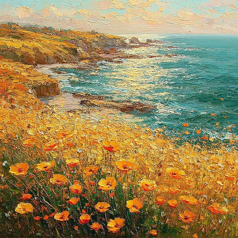 Majestic California Poppy Painting: Original Art Impasto Landscape ...