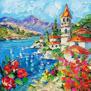 Amalfi Coast Italy Painting – Original Seascape Art Colorful Coastal Village Impasto Palette Knife Oil Painting Travel Gift