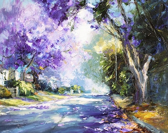 May include: An oil painting of a street lined with blooming jacaranda trees featuring vibrant purple flowers. The thick, textured brushstrokes capture light filtering through the canopy, casting deep purple and blue shadows across the road surface.