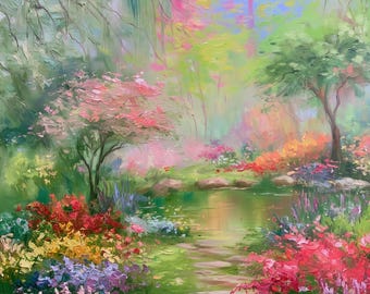 English Garden Original Oil Painting Cottage Garden Landscape Floral Pond Art Impasto Wall Decor