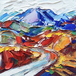 Rocky Mountains Painting Landscape Original Art Road Painting Abstract Impasto Oil Painting