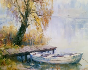Vermont Lake Oil Painting New England Original Rowboat Wall Art Impasto Boat Landscape