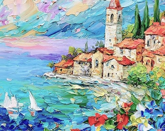 Lake Como Italy Original Oil Painting Italian Landscape Impasto Artwork Village Mediterranean Wall Art