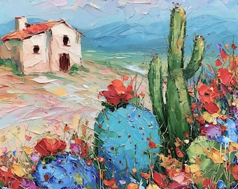Cactus Flower Oil Painting: Landscape Original Textured Impasto Small Wall Art