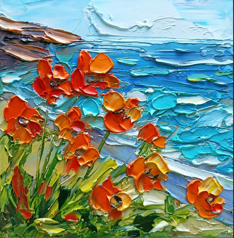 California Poppy Painting Original Art Seascape Oil Painting Impasto ...