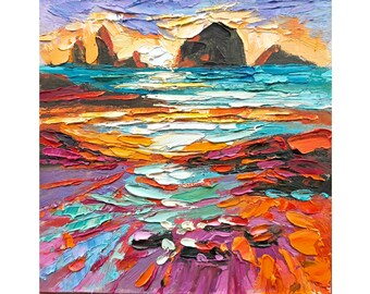 Cannon Beach Painting Oregon Original Art Seascape Impasto Oil Painting Original Artwork 6 x 6
