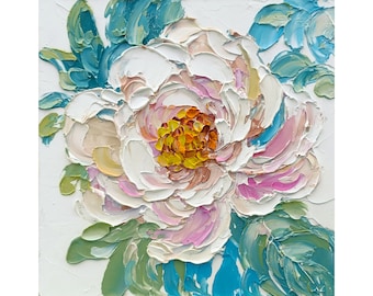 White Peony Oil Painting: Original Impasto Floral Art