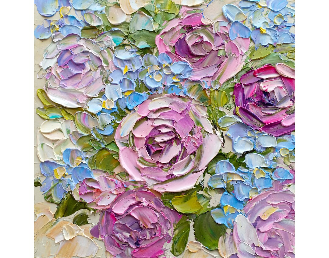 Pink Peony Hydrangea Oil Painting Impasto Floral Wall Art Original ...