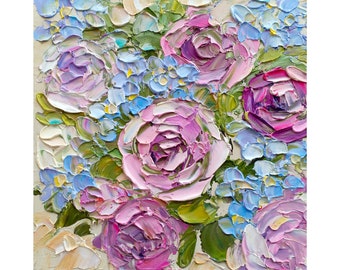 Pink Peony Hydrangea Oil Painting Impasto Floral Wall Art Original Cottagecore Flower Artwork