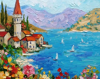 Lake Como Original Oil Painting Italy Landscape Italian Lake Impasto Art Coastal Village 12x12