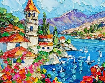 Lake Como Oil Painting Original Italian Village Landscape Colorful Impasto Wall Art