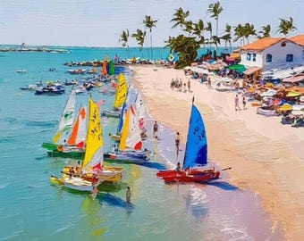 Beach and sailboats impasto painting