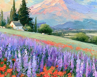Mount Hood Painting Oregon Original  Art Lupine Meadow Poppy Field Cottage Impasto Oil Painting