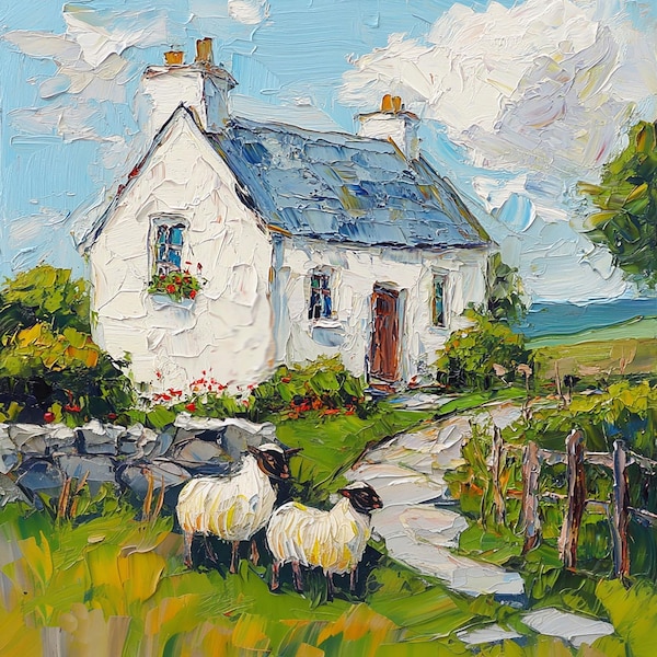 Irish Cottage Painting: Original Art Sheep Landscape Impasto Oil Artwork