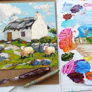 Irish Cottage Painting Sheep Original Art Landscape Impasto Oil Artwork ...