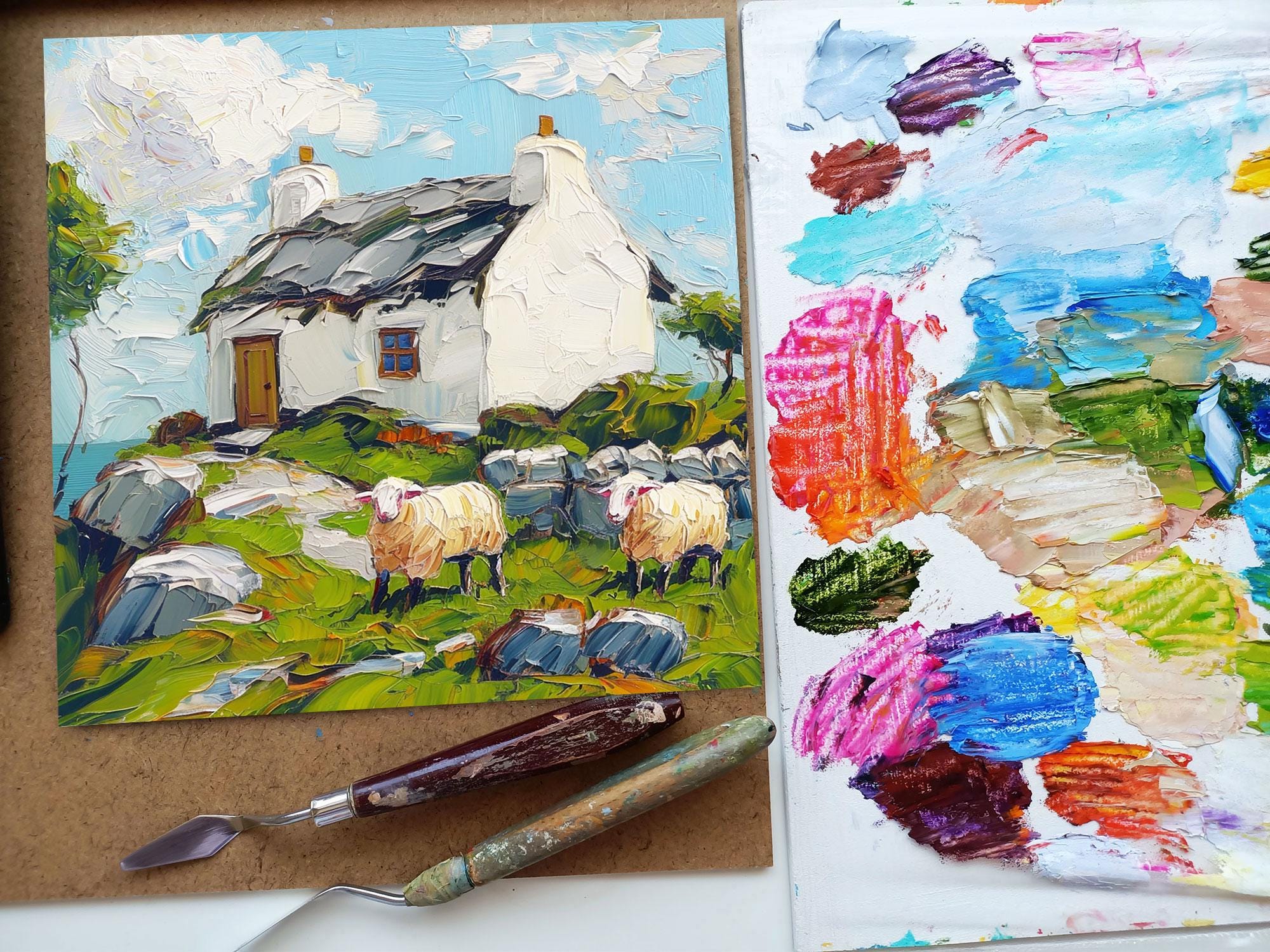 Irish Cottage Painting Sheep Original Art Landscape Impasto Oil Artwork ...