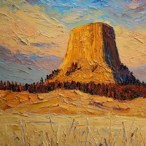 May include: An oil painting depicts a towering rock formation under a sky of blue and yellow hues. The foreground features textured brushstrokes suggesting tall grass. The rock formation is bathed in warm light, with a shadow on one side.