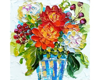 Dahlia Impasto Oil Painting: Original Floral Still Life, Small Flower Art