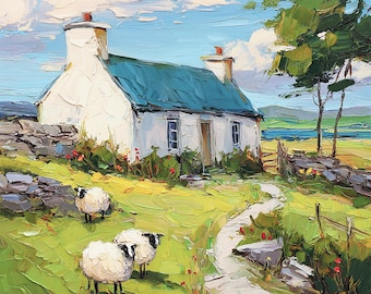 Irish Cottage Painting Original Art Impasto Oil Painting Sheep Landscape Artwork