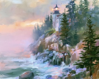 Bass Harbor Head Lighthouse Painting Acadia Original Oil Art National Park Maine Coastal Landscape