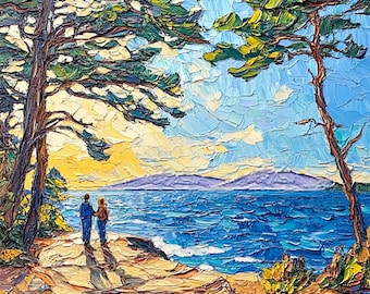 May include: A painting of a couple standing on a rocky cliff overlooking a blue ocean. The sky is a bright blue with white clouds. There are trees in the foreground and mountains in the distance.