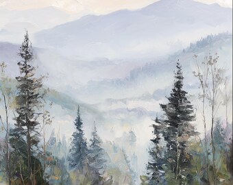 Foggy Forest Original Art Trees Painting Smoky Mountains Impasto Oil Painting