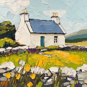 Ireland Painting White Cottage Original Art Abstract Landscape Impasto Oil Painting Small