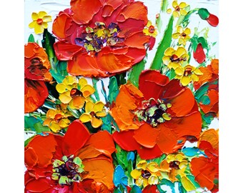 Poppy Painting Original Art Impasto Oil Painting 6x6 Flower Small Artwork Impressionist Floral Painting Red Orange