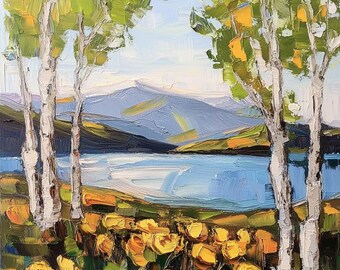 Aspen Lake Painting Colorado Mountain Landscape Original Oil Birch Tree Artwork