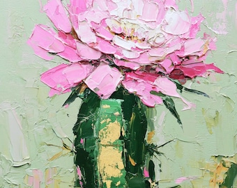 Blooming Cactus Original Oil Painting Pink Flower Still Life Impasto Floral Green Wall Art