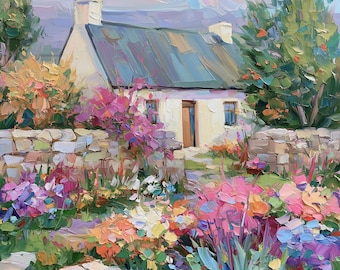 Irish Cottage Garden Original Oil Painting Flower Landscape Wall Art