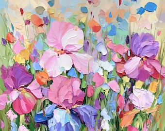Iris Painting Flower Original Art Meadow Floral Impasto Oil Wall Art