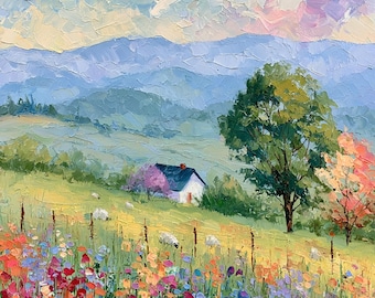 Irish Countryside Painting Ireland Original Art Cottage Sheep Wildflower Meadow Impasto Oil Landscape