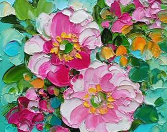 Pink Peonies Painting Original Impasto Oil Art Floral Small Wall Artwork