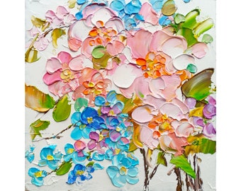 Peony & Hydrangea Painting: Original Impasto Oil Small Floral Art