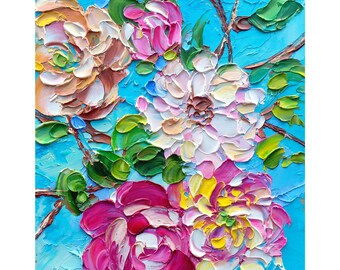 Pink Peony Oil Painting Original Floral Art Colorful Impasto Flower Artwork