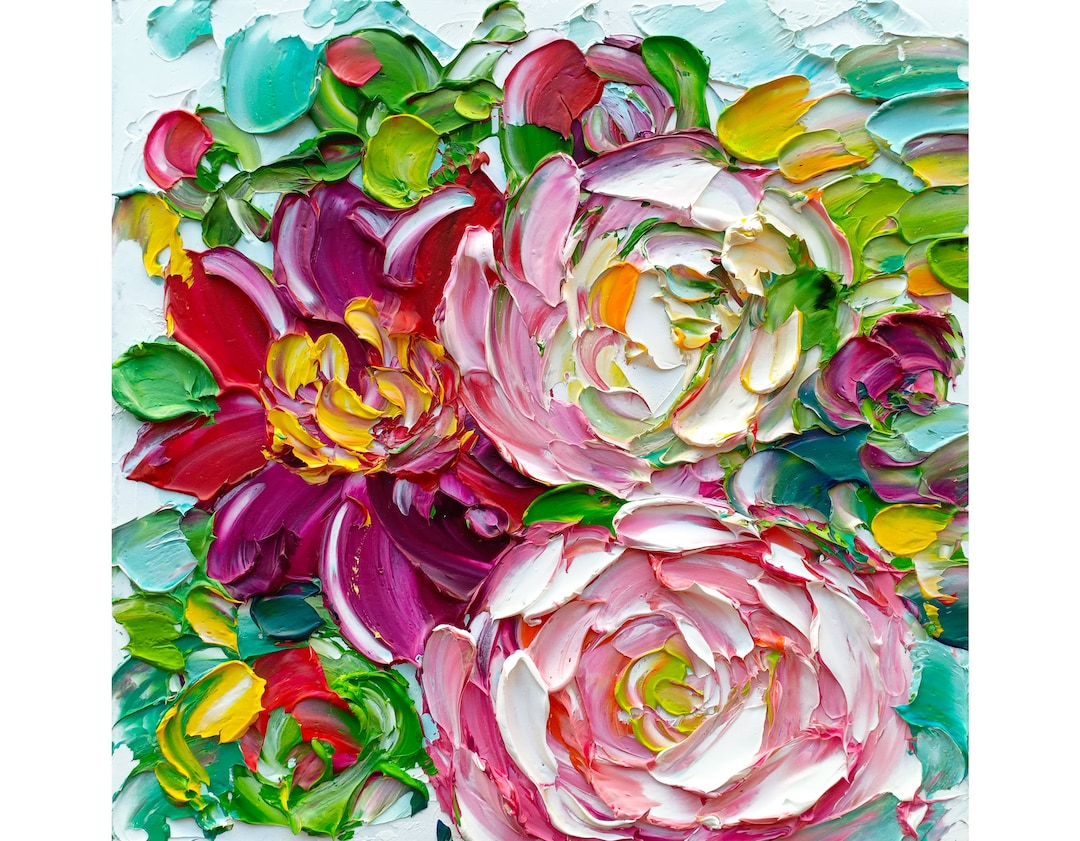 Pink Rose Oil Painting Original Impasto Floral Art Palette Knife Wall ...
