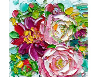 Pink Rose Oil Painting Original Impasto Floral Art Palette Knife Wall Decor