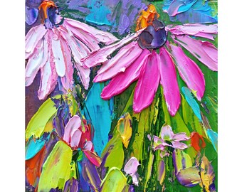 Daisy Painting Impasto Original Pink Daisies Art Floral Small Wall Art Flower Oil Painting 4 by 4