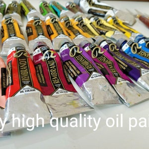 Puede incluir: Una colecci&oacute;n de tubos de pintura al &oacute;leo Rembrandt en varios colores, incluyendo rojo, morado y azul. Los tubos est&aacute;n etiquetados con el nombre de la marca y "Extra Fine Oil Colour". Tambi&eacute;n se ve el texto "Only high quality oil paints".