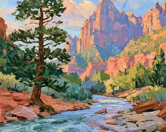 Virgin River Painting Zion Original Art Oil Mountain Utah Landscape Impasto Western Wall Art