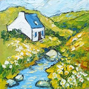 Ireland Painting White Cottage Original Art Abstract Landscape Impasto Oil Painting Small