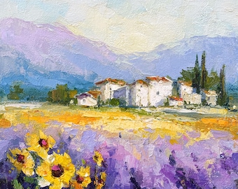 Tuscany Painting Sunflowers Original Art Impasto Oil Painting Impressionist Farm Rural Landscape Lavender Artwork